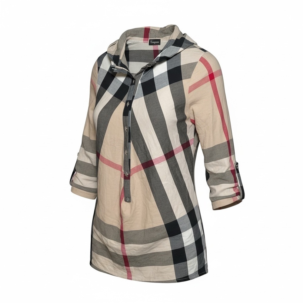 Evergreens Women's Plaid Long Length Luxury Three Quarter Blouse Top
